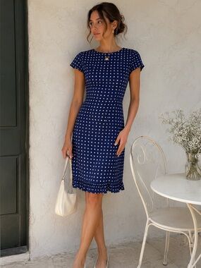 Pure & Simple 100% Silk Blue Polka Dot Dress Retro Parisian Chic Ruffle Hem Sz 8